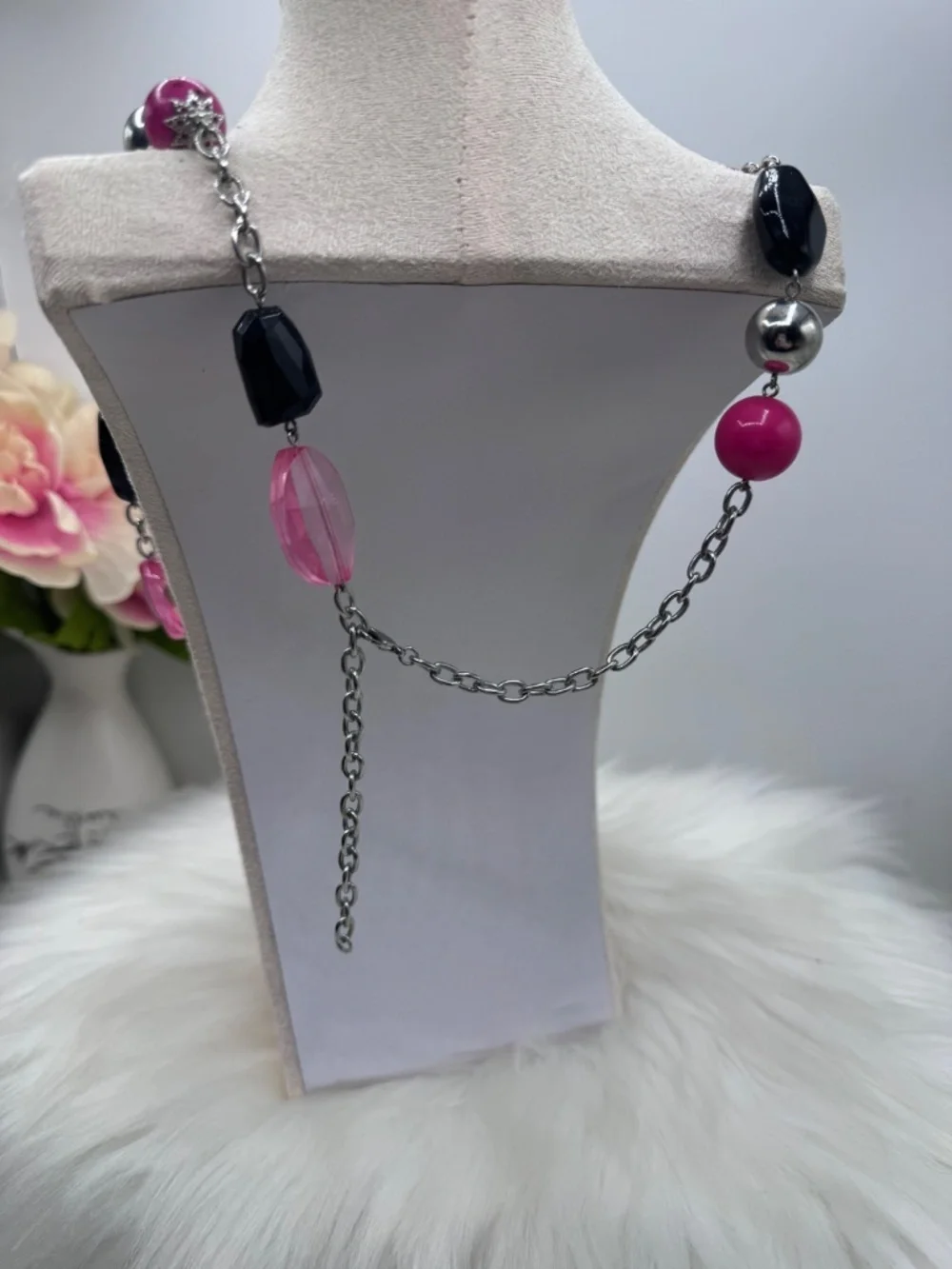 Statement Pink & Black Beaded Chain Necklace Silver Floral Accent